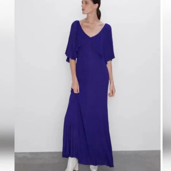 Zara Womens Dress Size Small Purple Metallic Maxi Long Flutter Sleeves - Picture 1 of 7